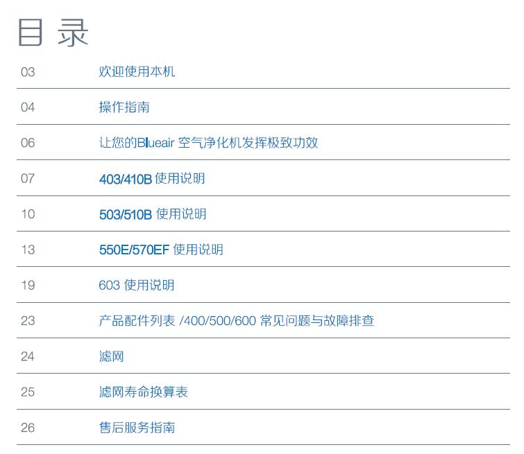 Blueair布鲁雅尔403/410B/503/510B/550E/570EF/603新版本电子档说明书